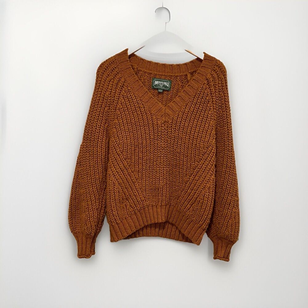 American Eagle Sweater Chunky Knit V-Neck Soft Rust Beige Size Small